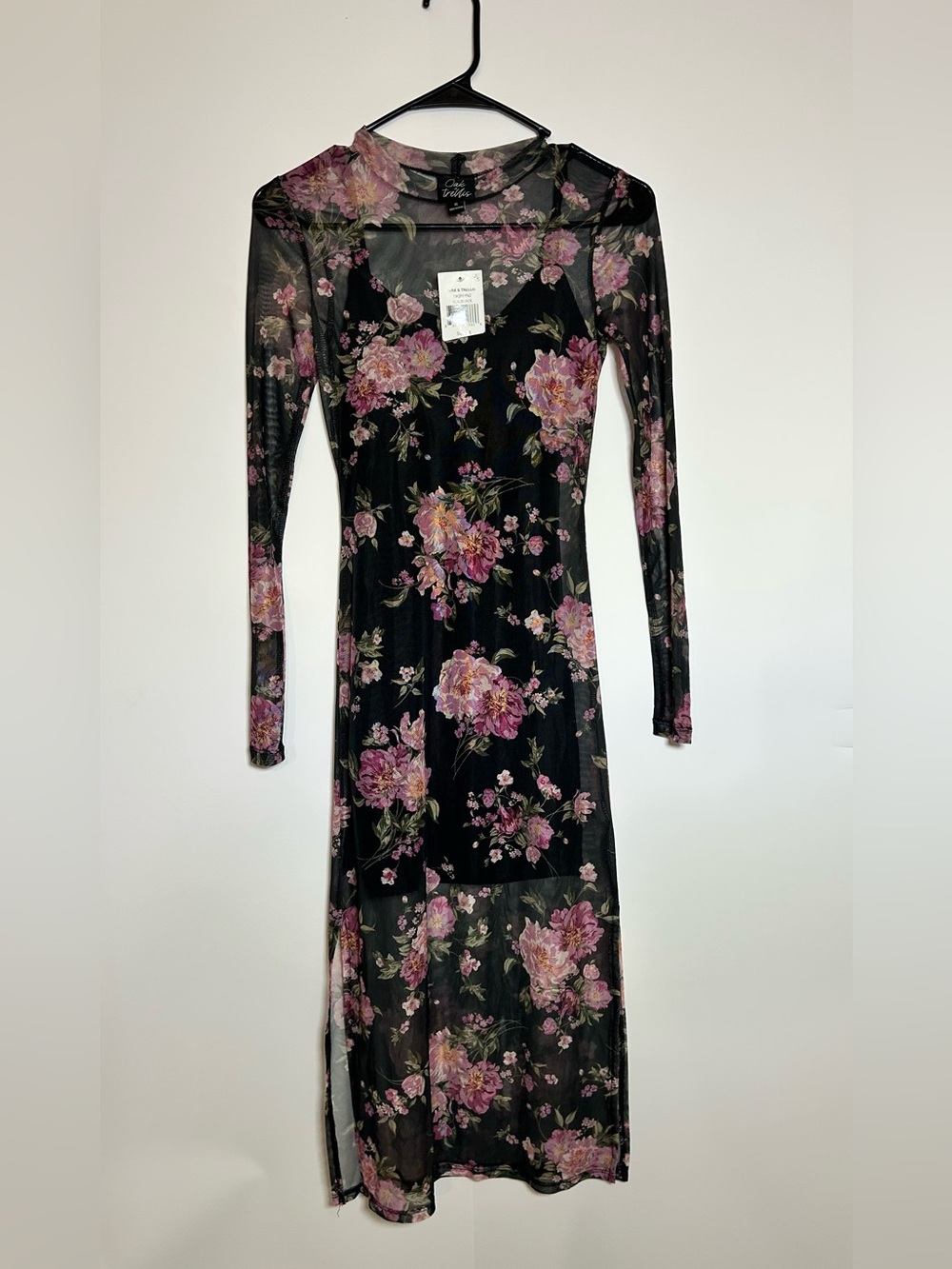 Oak & Trellis Black Pink Floral Mesh Bodycon Midi Dress XS